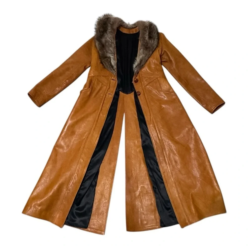 VINTAGE Mango Road Inc Leather Fur Jacket Trench Coat Long Penny Lane XS S Brown